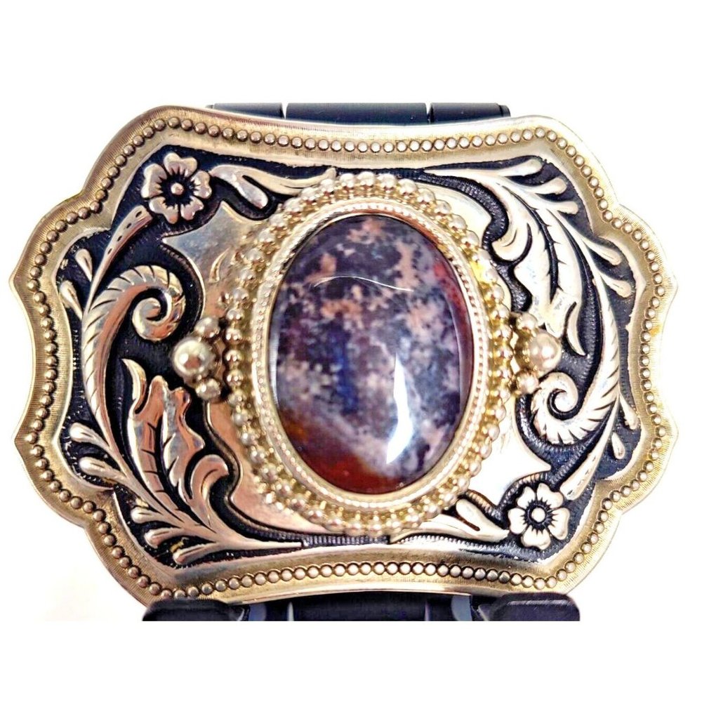 Vintage Belt Buckle Western Style Silver Ornate with Large Black Oval Stone